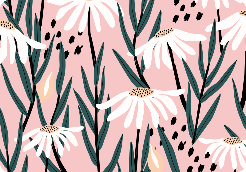 Tapete vinílico flores e plantas margaridas sobre fundo rosa - TenStickers