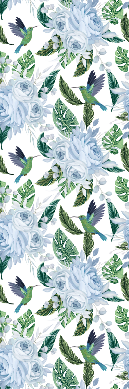 Tapete vinílico flores e plantas jardim azul com pássaros - TenStickers