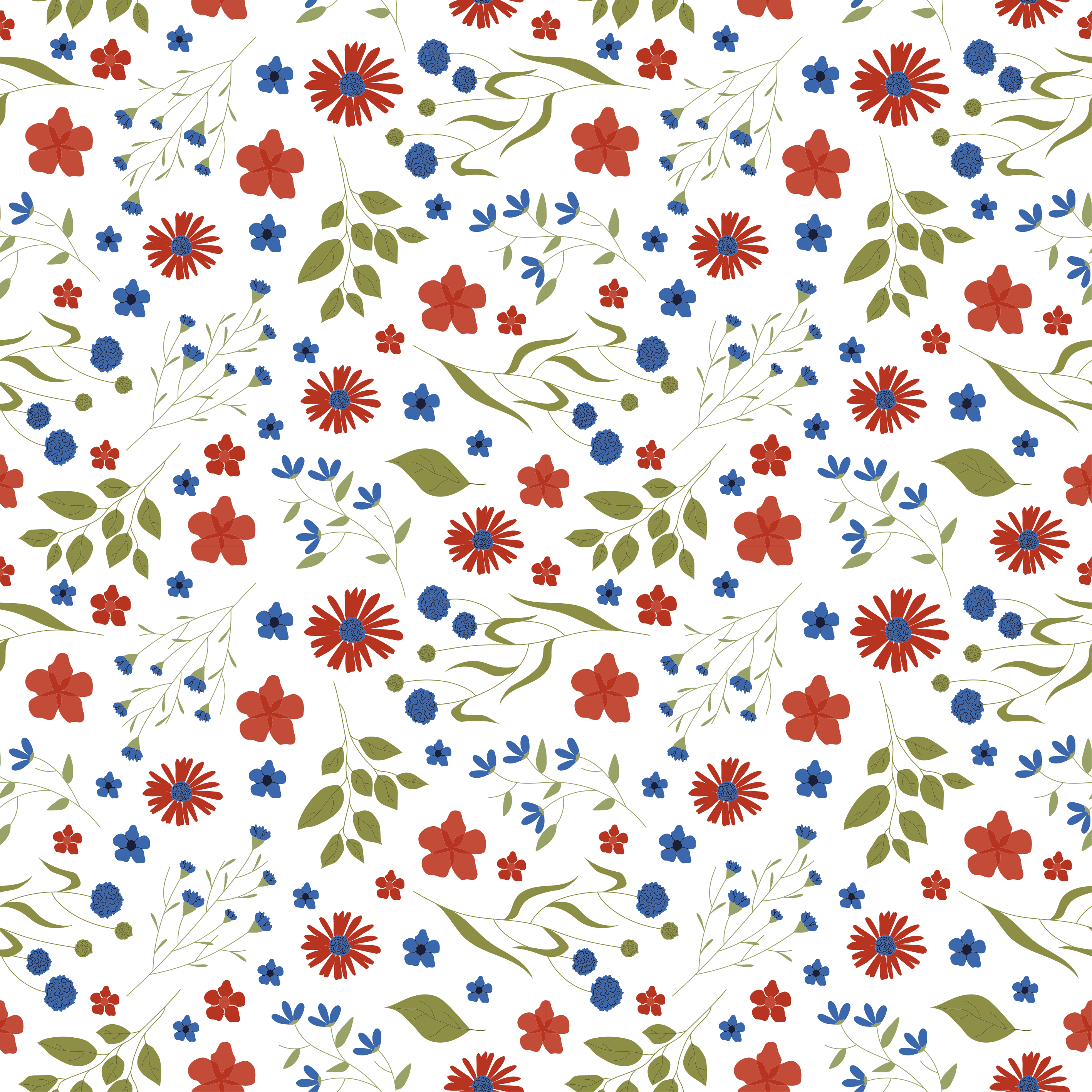 Tapete vinílico flores e plantas padrões azul e vermelho - TenStickers