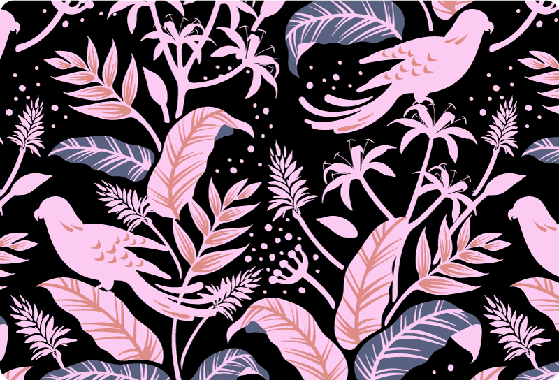 Tapete vinílico flores e plantas com pássaros rosa e pretos - TenStickers