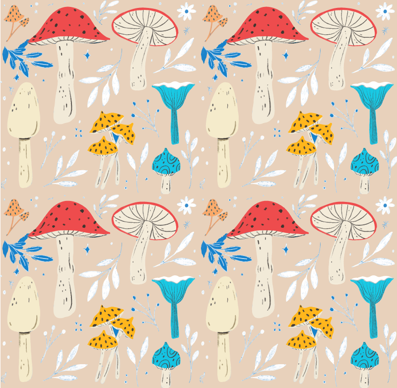 Tapete vinílico flores e plantas fundo bege cogumelos - TenStickers