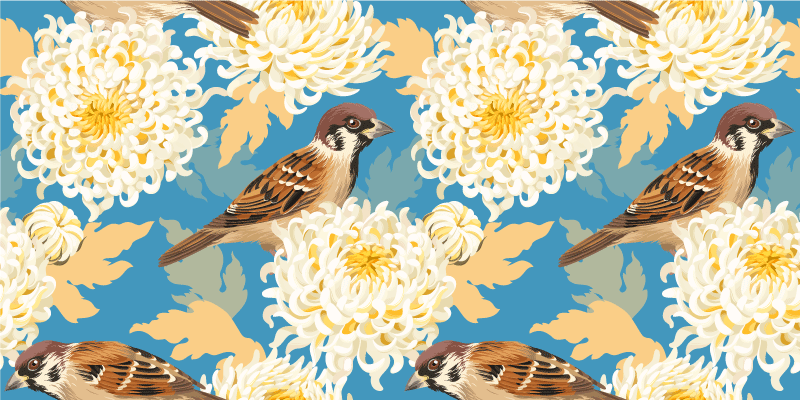 Tapete vinílico flores e plantas padrão de aves e folhas - TenStickers