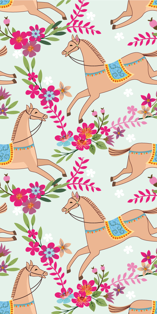 Tapete vinílico quarto padrão de flores rosas e cavalos - TenStickers