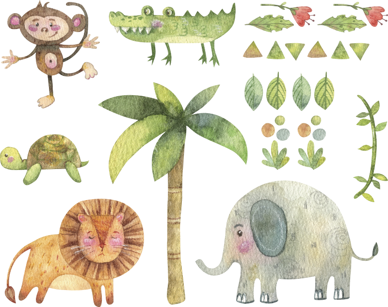 Tapete vinílico infantis animais da selva em aquarela - TenStickers