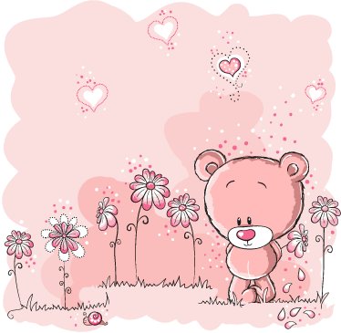 Tapete vinílico infantis urso rosa e flores - TenStickers