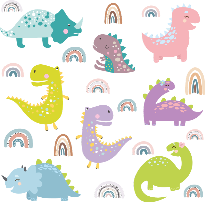 Tapete vinílico quarto dinossauros nórdicos com arco-íris - TenStickers