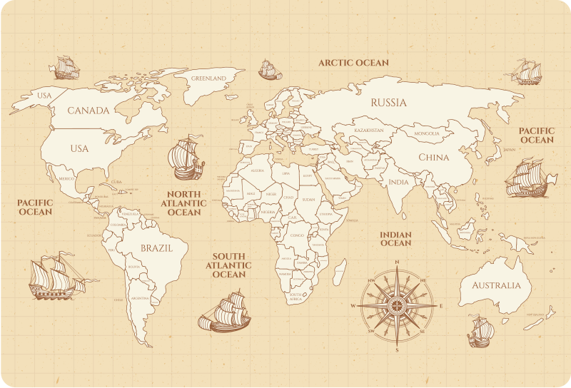 Tapete vinílico de mapa mundial mapa-múndi antigo com países - TenStickers