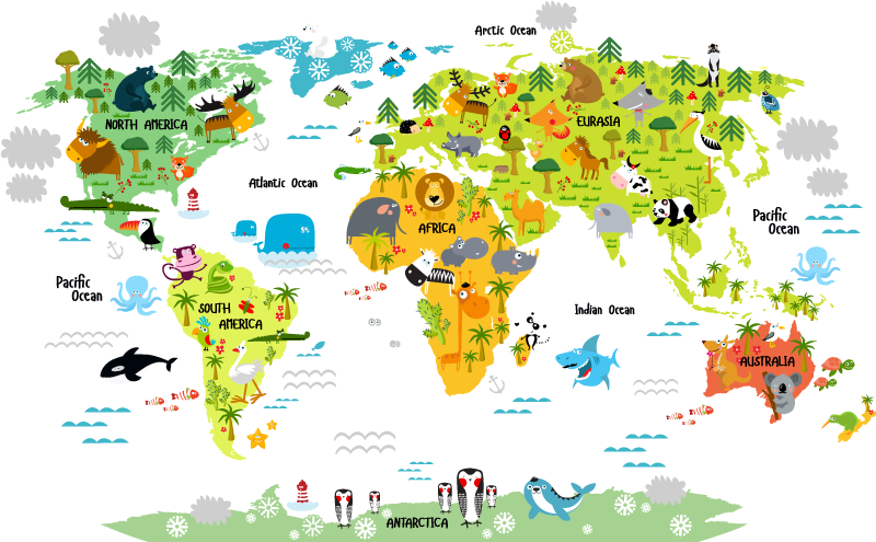 Tapete vinílico de mapa mundial infantil animal - TenStickers