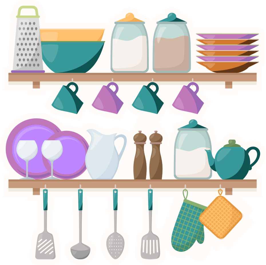 Tapete vinílico cozinha prateleiras com utensílios - TenStickers