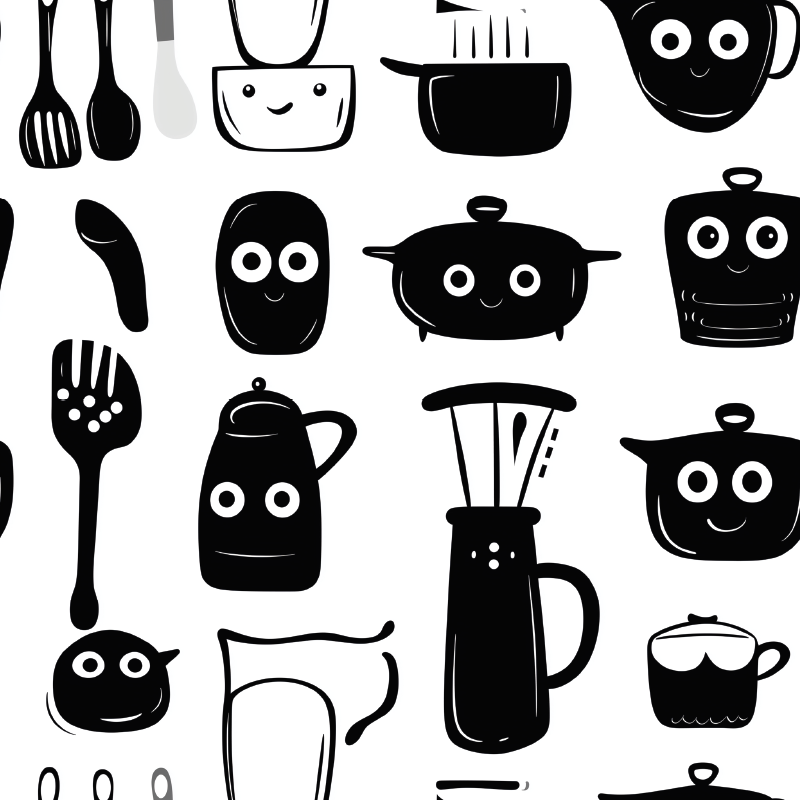 Tapete vinílico cozinha utensílios pretos desenhados - TenStickers