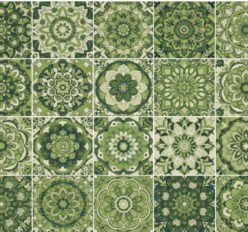 Tapete vinílico cozinha efeito caleidoscópio verde musgo - TenStickers