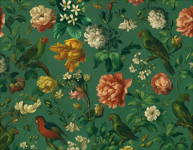 Tapete vinílico quarto com flores e pássaros verdes - TenStickers