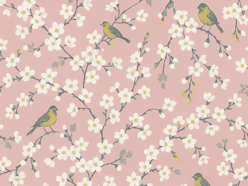 Tapete vinílico natureza pássaros do pomar rosa - TenStickers