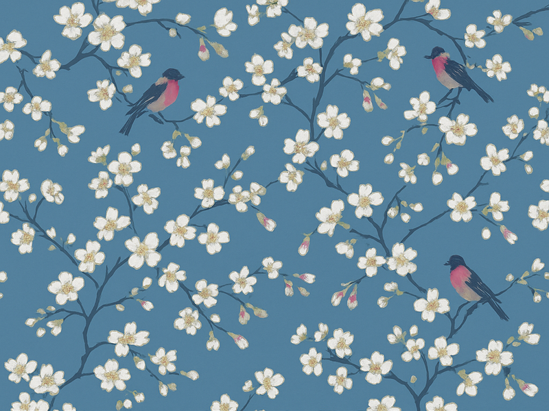 Tapete vinílico natureza pássaros do pomar azul - TenStickers