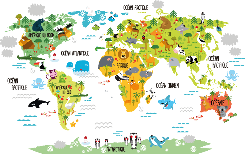 Tapete vinílico de mapa mundial animal infantil - TenStickers