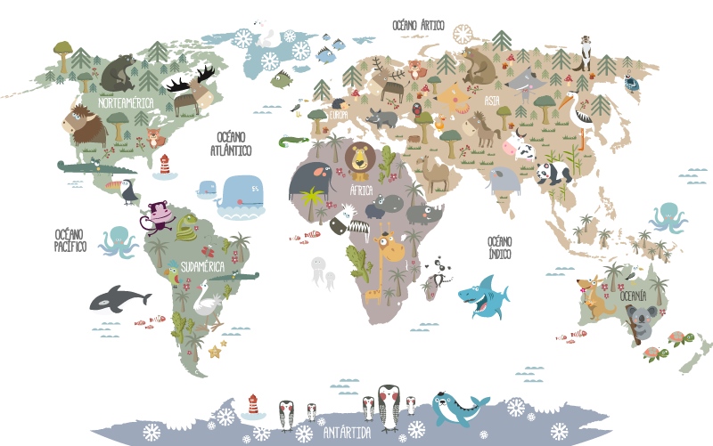 Tapete vinílico de mapa mundial com animais em tons pastel - TenStickers