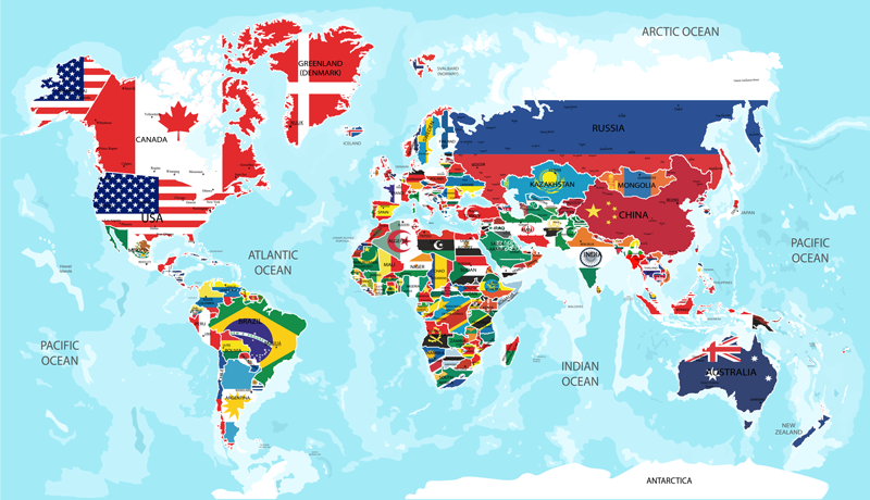 Tapete vinílico de mapa mundial com bandeiras do mundo - TenStickers