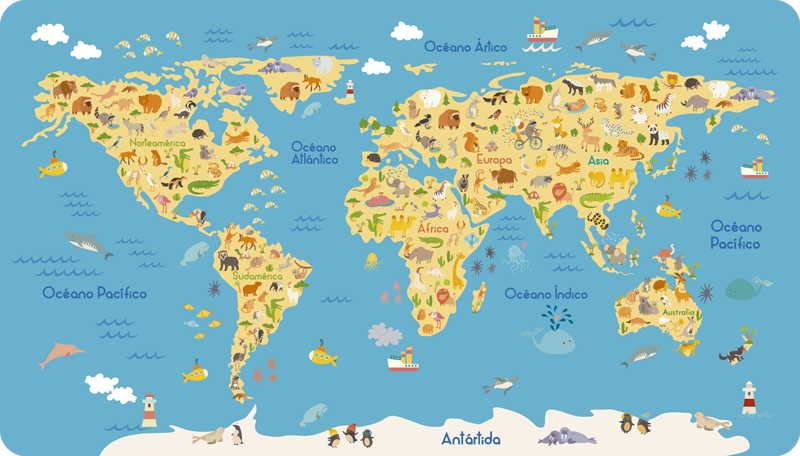 Tapete vinílico de mapa mundial com fauna infantil - TenStickers