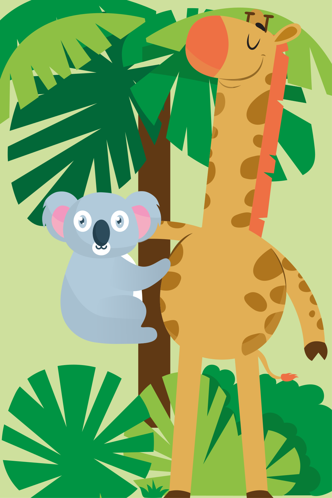Tapete vinílico infantis koalas abraçando uma girafa - TenStickers