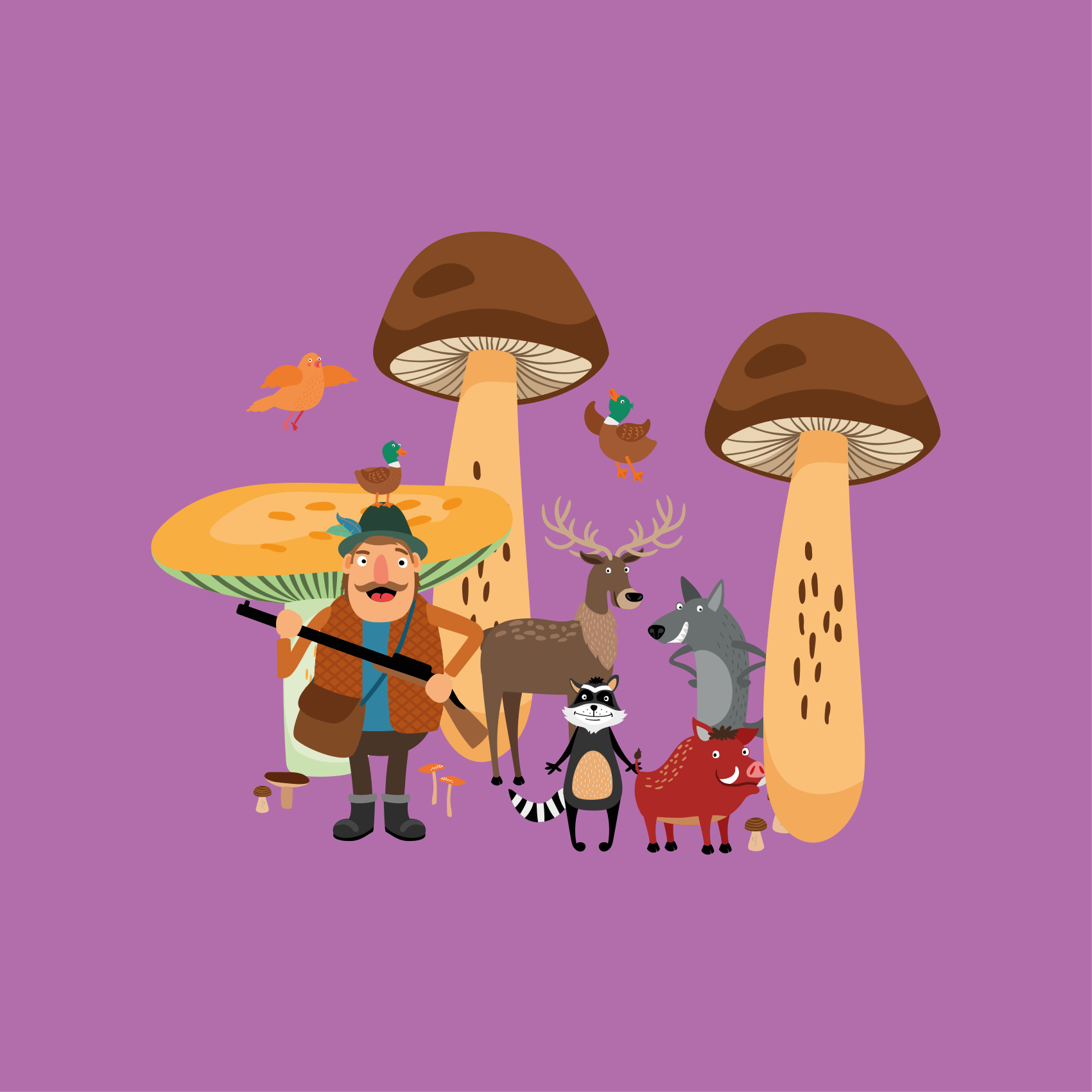 Tapete vinílico infantis pássaros na floresta de cogumelos - TenStickers
