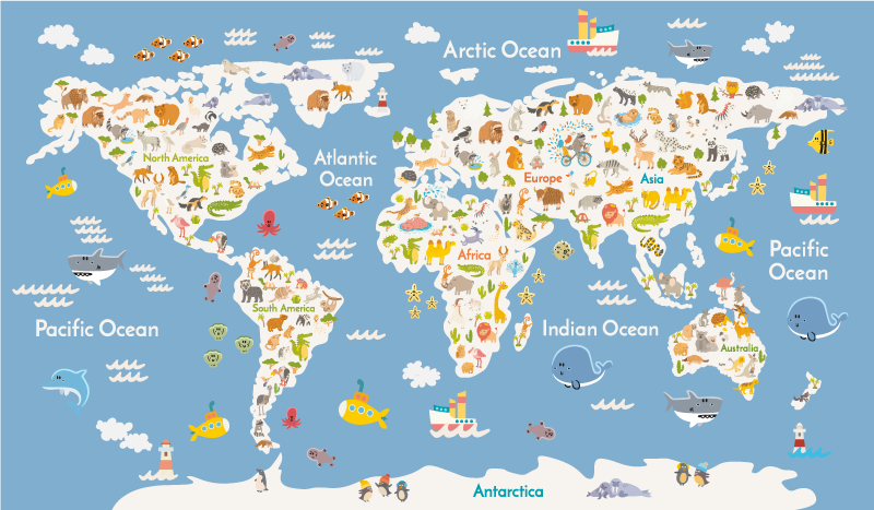 Tapete vinílico de mapa mundial com fauna branca infantil - TenStickers