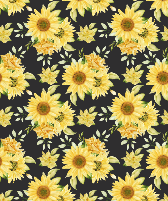 Tapete vinílico amarelo padrão girassol fundo preto - TenStickers