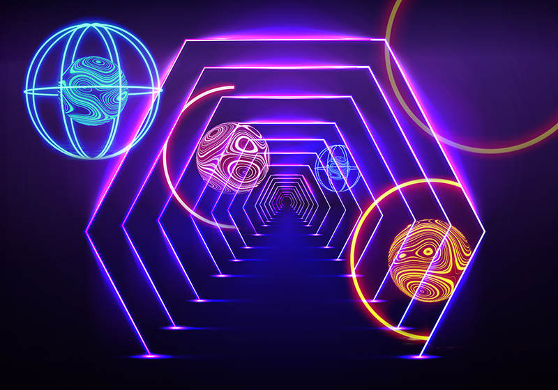 Tapete vinílico roxo visão do túnel hexagonal neon - TenStickers