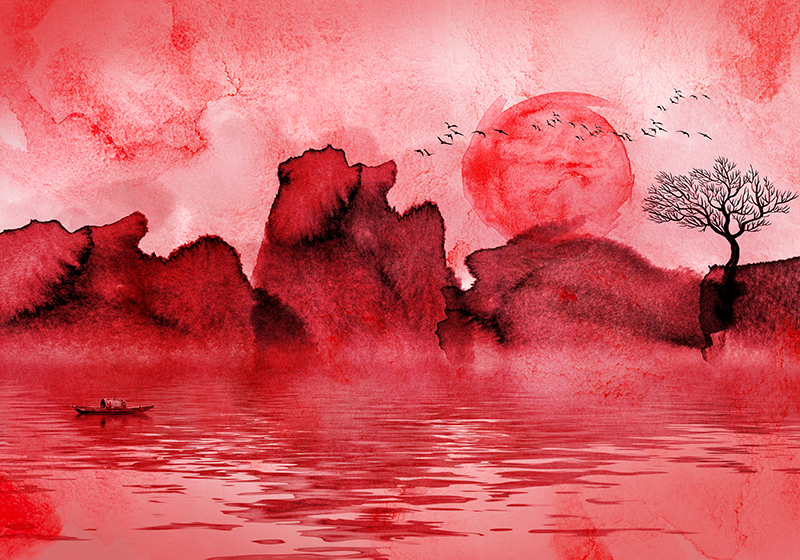 Tapete vinílico vermelho paisagem em tinta chinesa - TenStickers