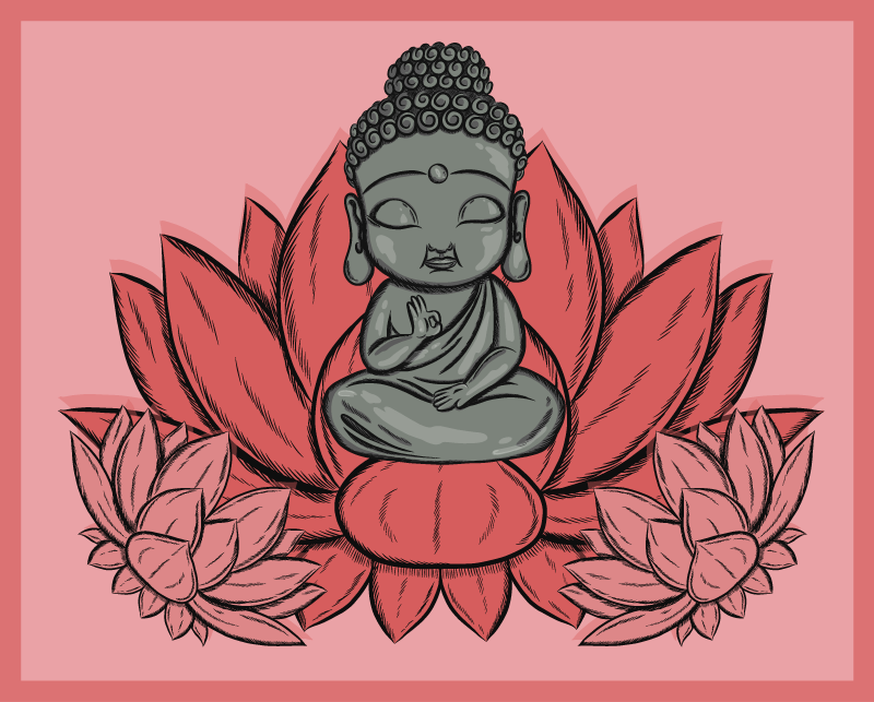 Tapete floral de lótus e desenho animado buda - TenStickers