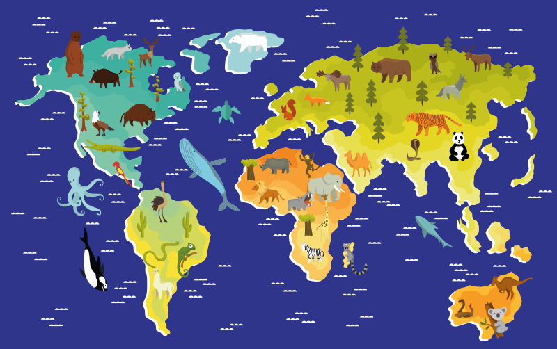Tapete vinílico de mapa mundial design de animais coloridos - TenStickers