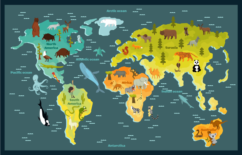 Mapa-múndi infantil com animais tapete de vinil infantil - TenStickers
