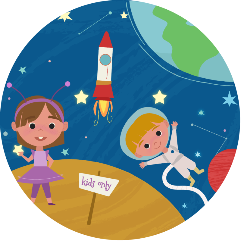 Desenhos animados crianças brincando no tapete estrela do espaço - TenStickers