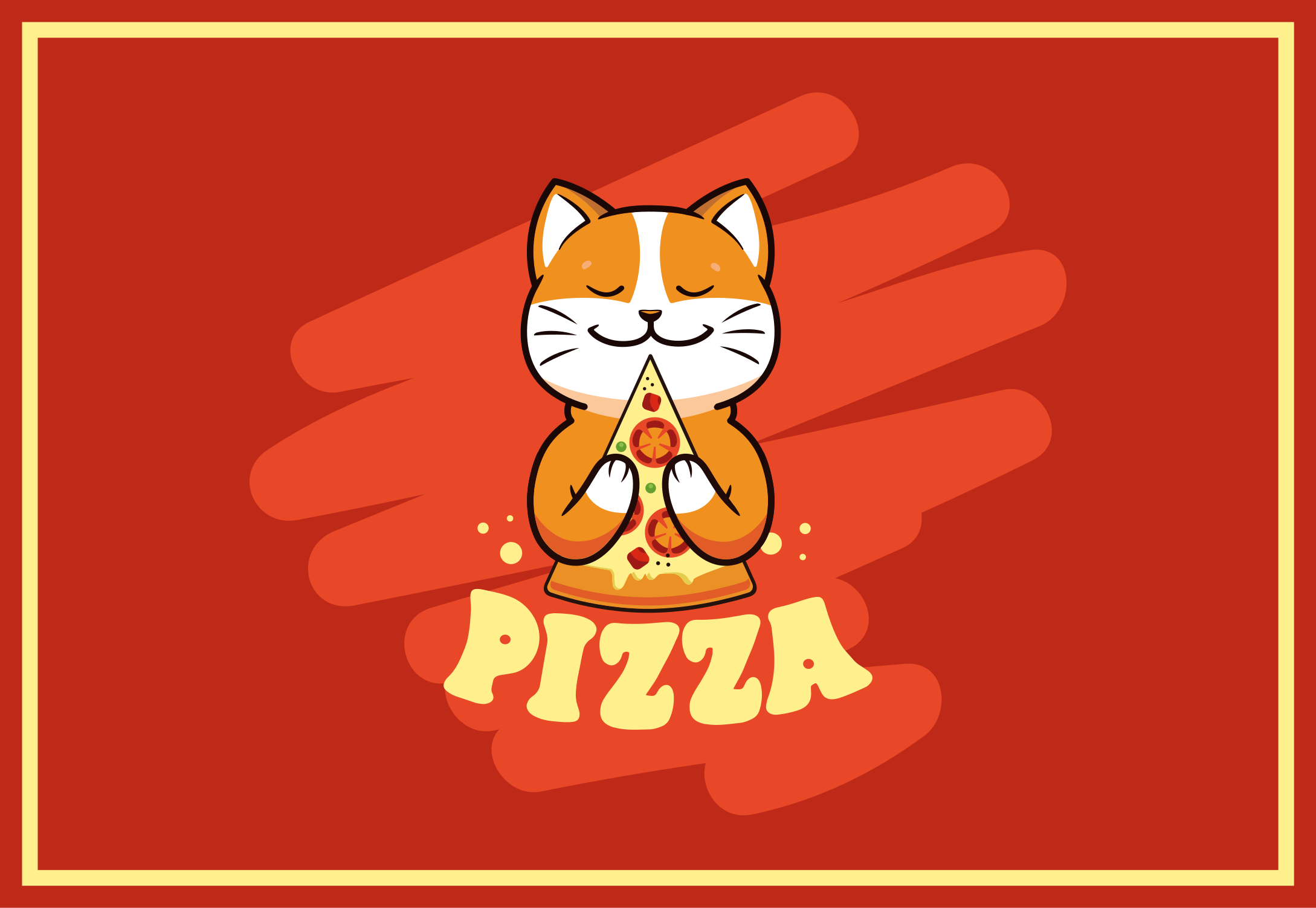 Gato comendo pizza no piso da cozinha - TenStickers