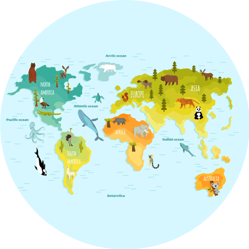 Tapete vinílico de mapa mundial mapa de animais ilustrado - TenStickers