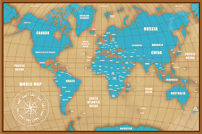 Tapete vinílico de mapa mundial design azul com países - TenStickers