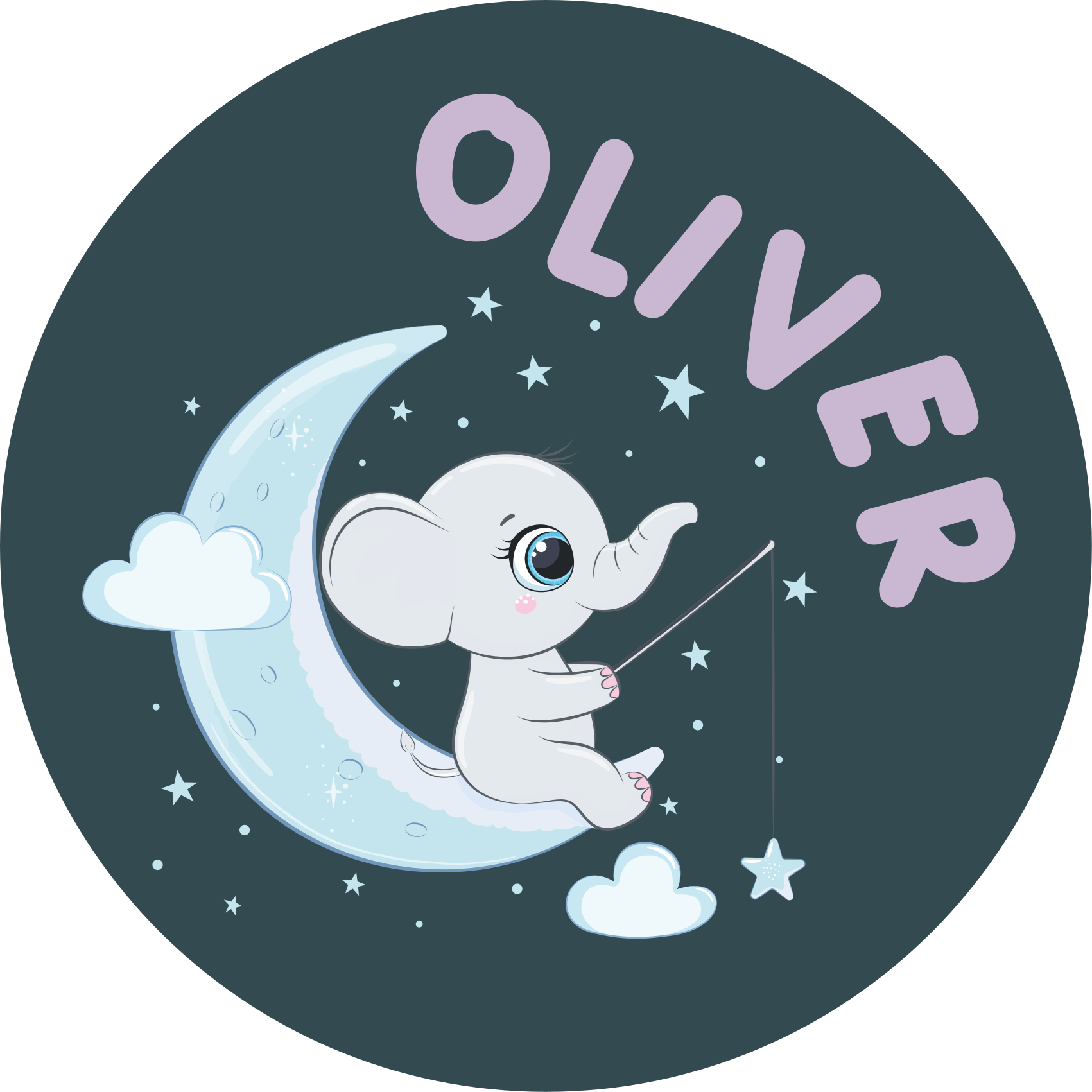 Tapete vinílico para bebés elefante na lua com nome - TenStickers