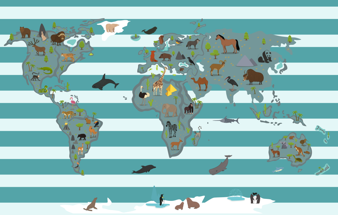 Tapete vinílico de mapa mundial animais pelos continentes - TenStickers