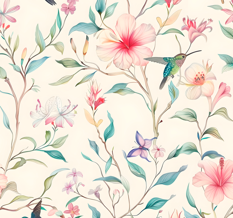 papel de parede floral padrão de flores e beija-flores - TenStickers