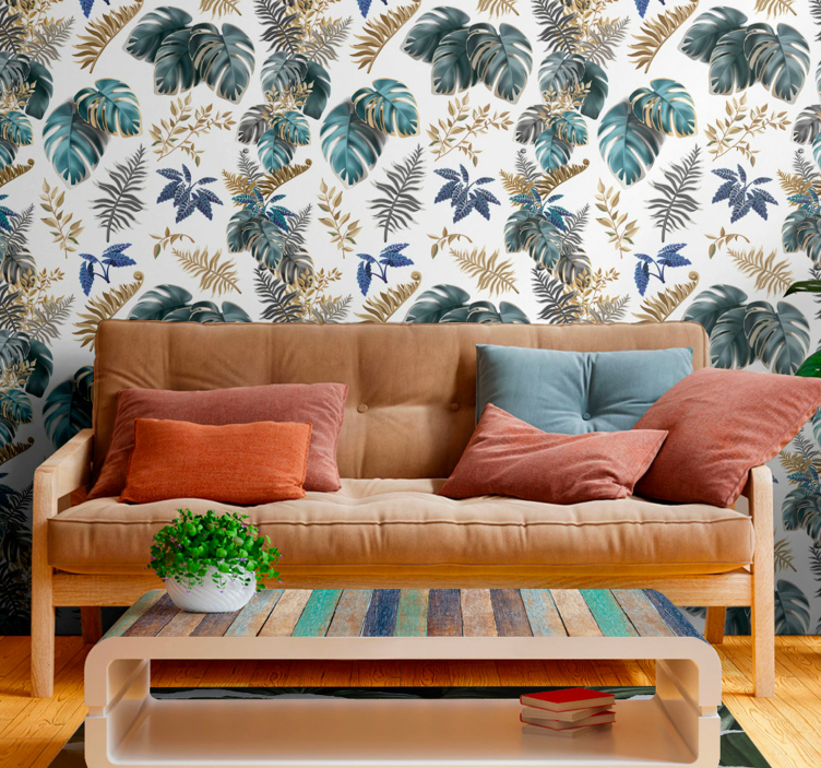 Papel de parede natureza Selvagem tropical dourado e azul - TenStickers