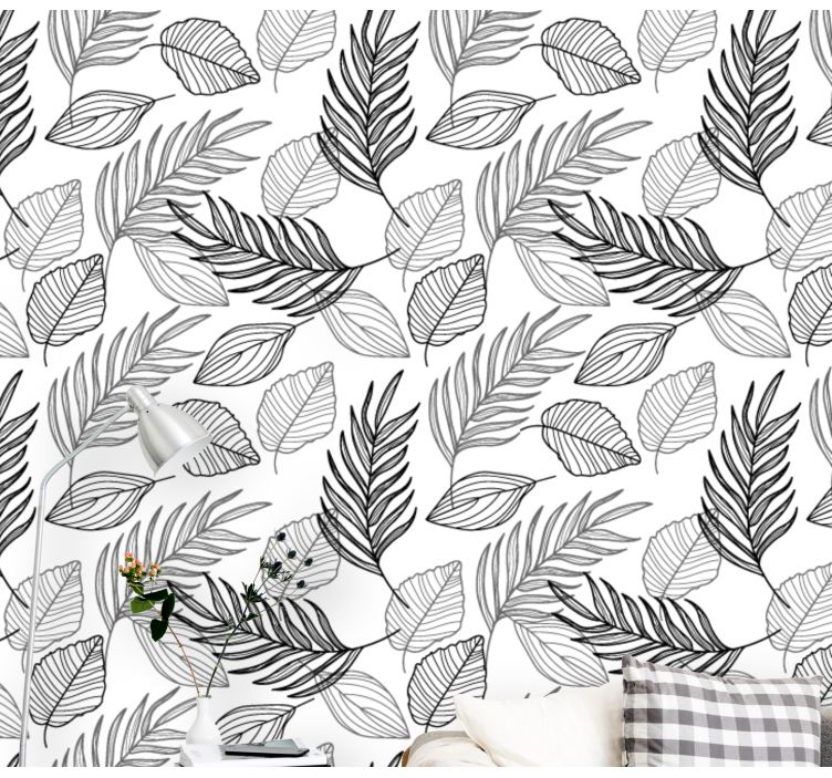 papel de parede natureza Desenho de folhas em preto e branco - TenStickers