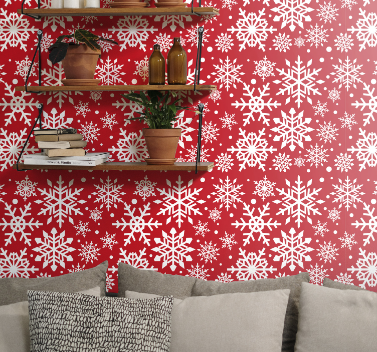Papel de parede Natal flocos de neve brancos e vermelhos - TenStickers