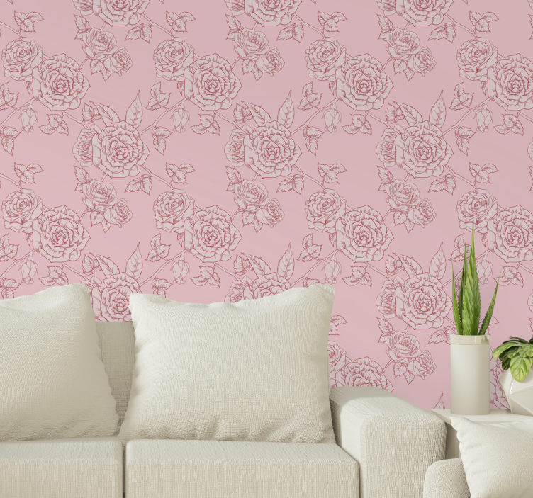 papel de parede flores padrão de desenho rosa - TenStickers