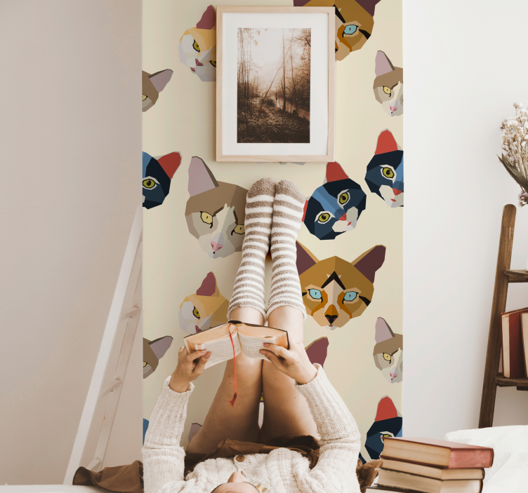 Papel de parede gatos rostos geométricos de gatos - TenStickers