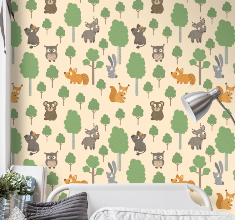papel de parede infantil padrão de criaturas da floresta - TenStickers