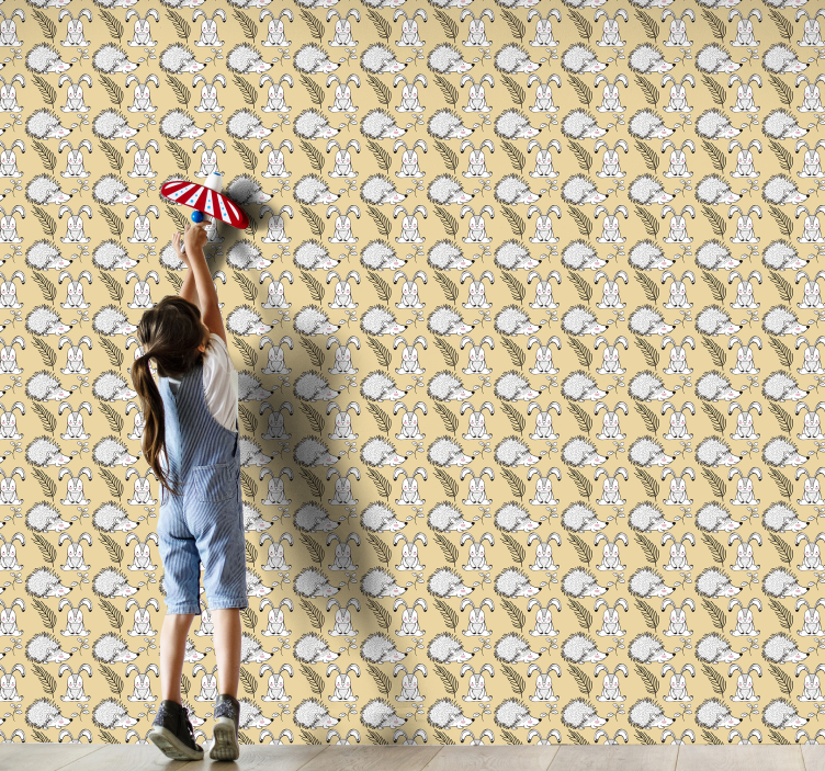 papel de parede animais padrão de coelho e ouriço - TenStickers