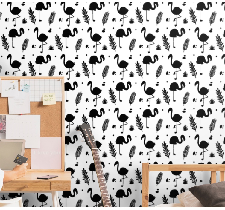 papel de parede animais padrão de folhagem de flamingo - TenStickers