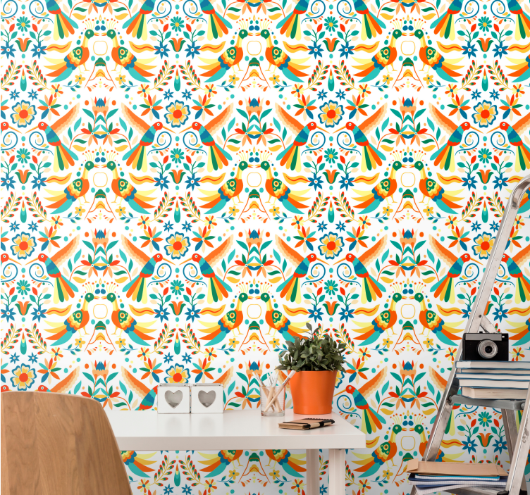 Papel de parede pássaros padrão tradicional - TenStickers