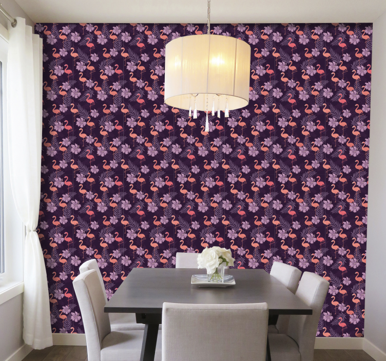 papel de parede animais padrão floral flamingo - TenStickers