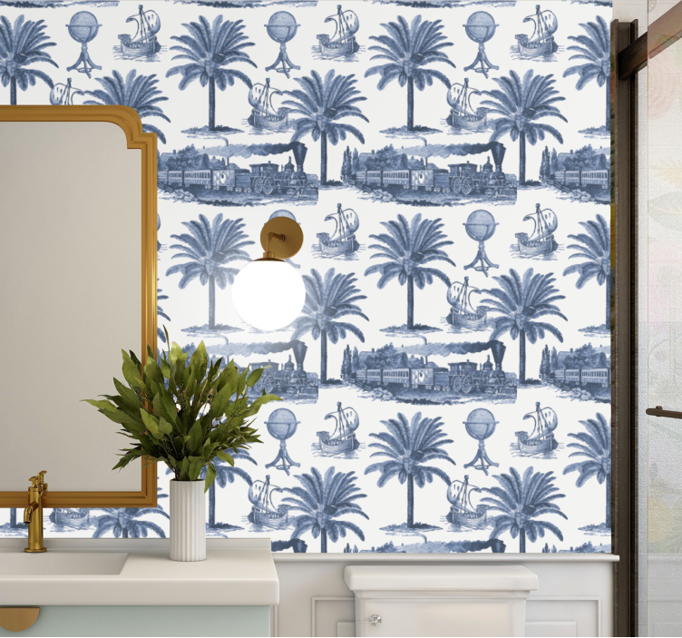 papel de parede barroco palmeiras e trens azuis - TenStickers