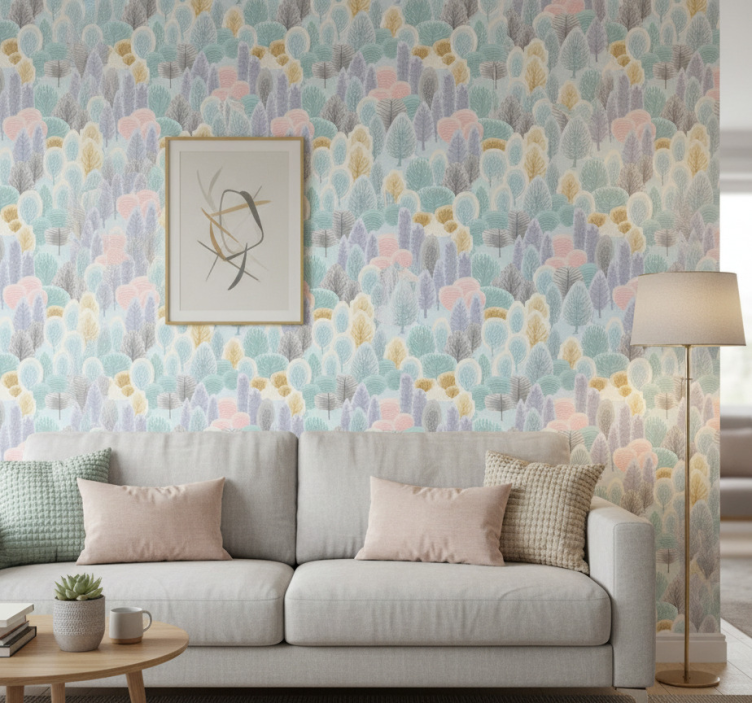 Papel de parede árvores padrão floresta pastel - TenStickers